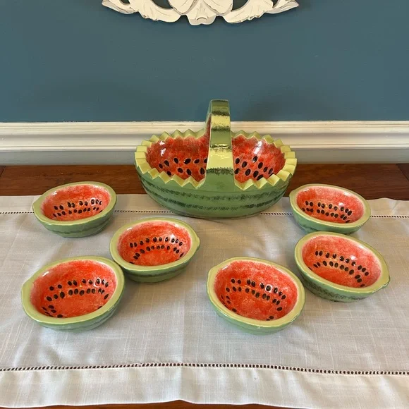 Vintage Hand Painted Watermelon Ceramic Serving Bowl & 6 Bowls Set - Picture 1 of 5